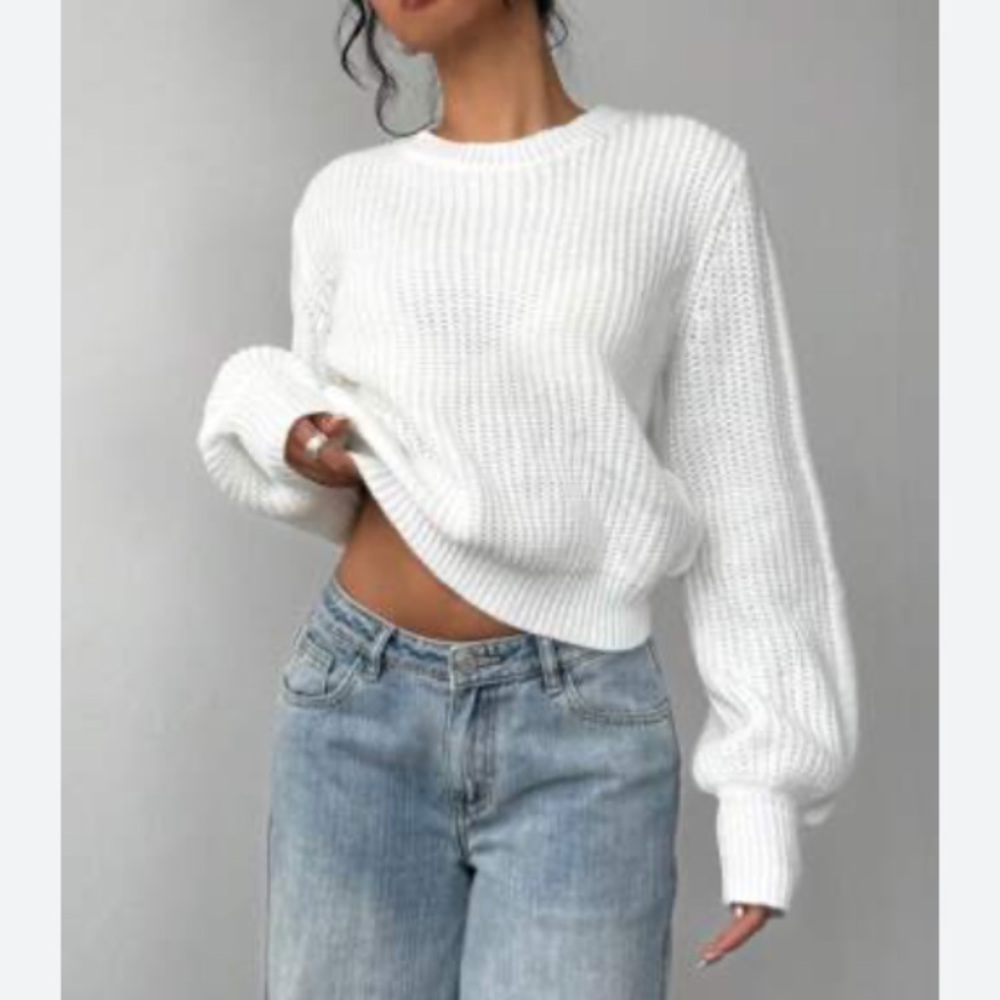 SHEIN ivory cream boat neck knit polyester sweater balloon sleeve sweater M